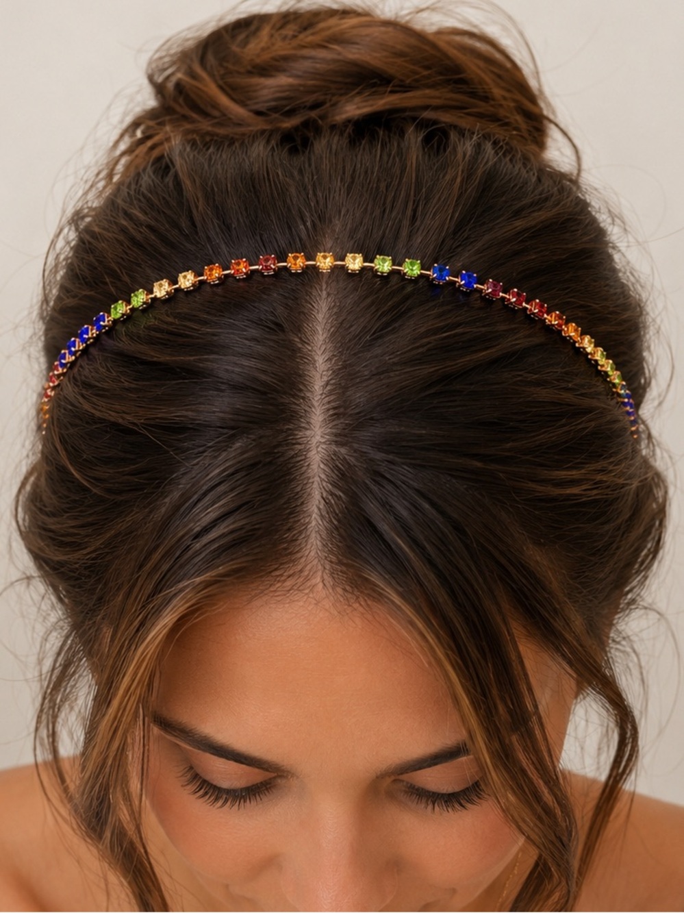 NEW - Rose Gold Rainbow Rhinestone Double Bobby Pin Chain Hair Accessory 14”